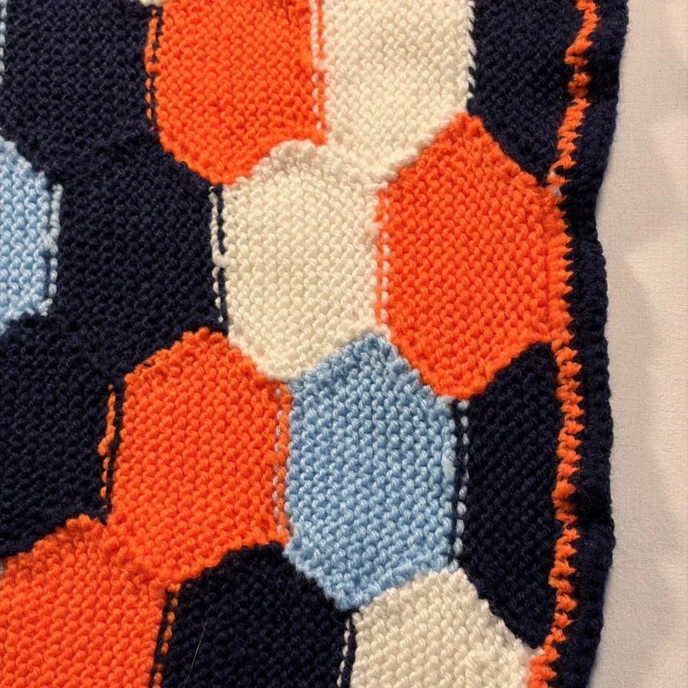 Handmade Knit Geometric Blanket Throw Navy Orange Blue White Honeycomb 44x32
